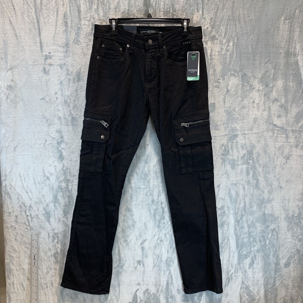 Guess Men's Jeans 30 x 32 Mateo Regular Straight‎ Black Cargo Zip Pocket Stretch